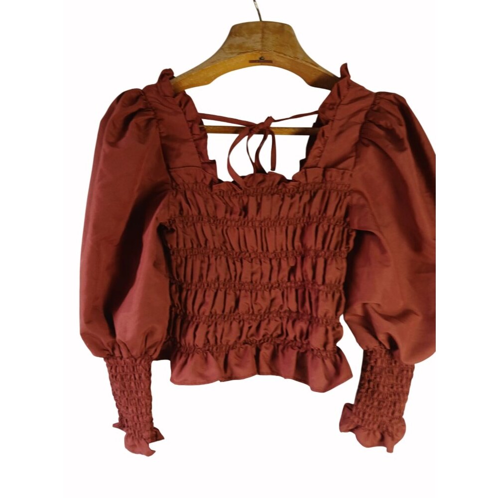 Milk Honey Smocked Rust Orange Shirt Top Size M Puff Sleeve Ruffle Cropped - Picture 7 of 13